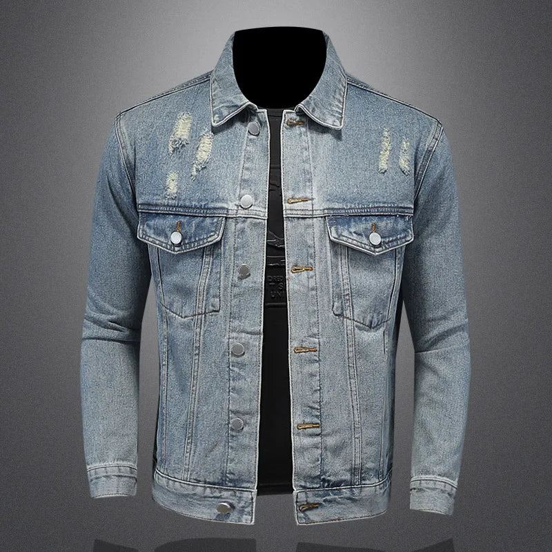 Belle Tendance Tout Avec Boutique Simple Déchiré Manteau En Jean Pour Hommes Quatre Saisons - Bleu Délavé