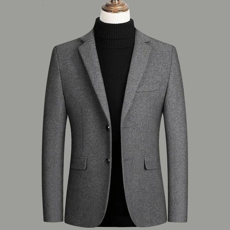 Haut En Laine Solide Pour Hommes Costume D'affaires Décontracté Slim Smoking Sociales Veste Chaude Résistante À L'usure Robe De Marié - Gris