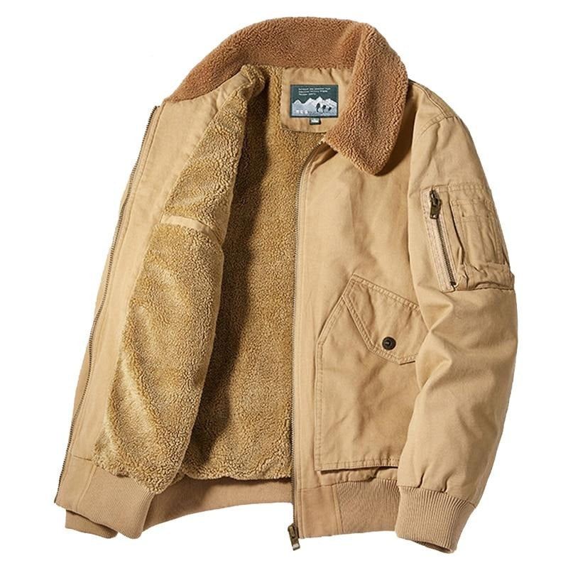 Hiver Hommes Bomber Veste Décontracté Vêtements Pour Polaire Col De Fourrure Manteaux Chauds Rétro - Kaki