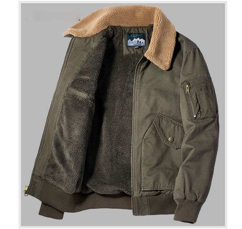 Hiver Hommes Bomber Veste Décontracté Vêtements Pour Polaire Col De Fourrure Manteaux Chauds Rétro - Kaki