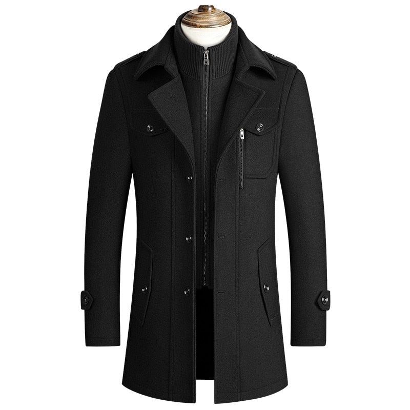 Hommes Hiver Chaud Manteaux De Laine Épaissir Vestes Décontractée Coupe Ajustée Longue Section Coupe-vent Trench Caban - Noir
