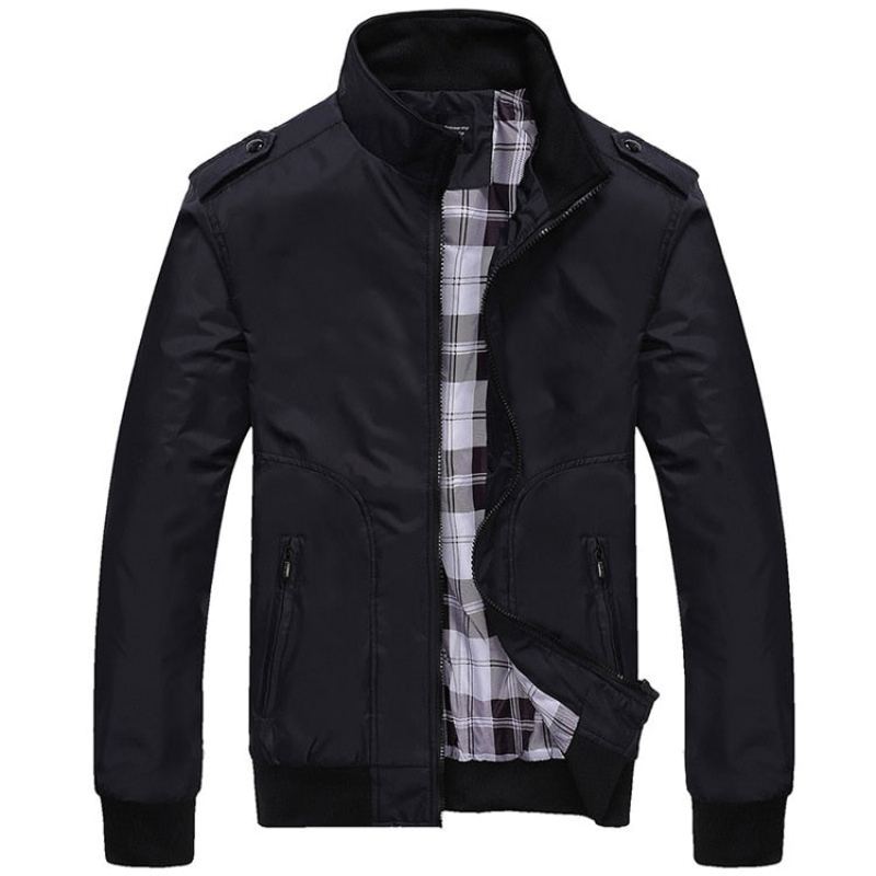 Hommes Vestes Printemps Automne Manteaux Décontractés Couleur Unie Vêtements De Sport Col Montant Minces Bomber - Noir