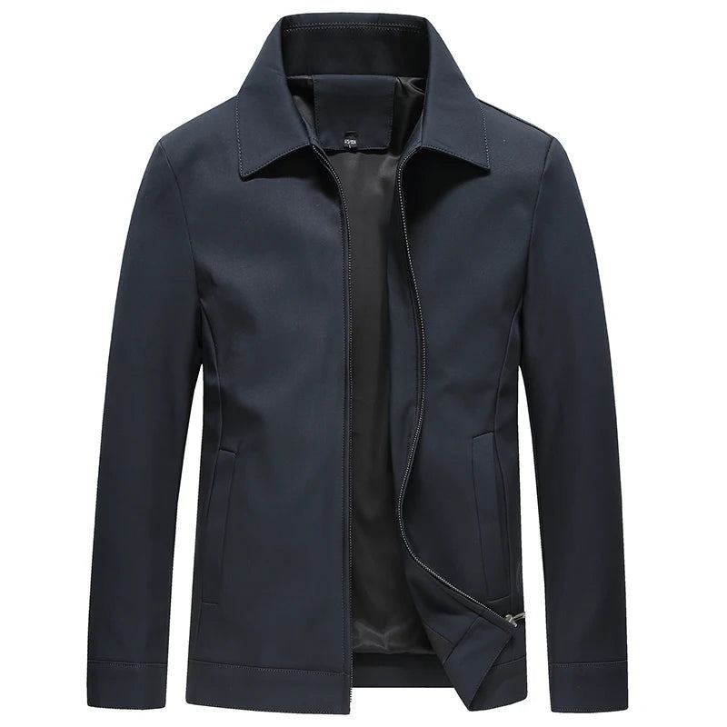 Printemps Et Automne Hommes D'âge Moyen Et Personnes Âgées Avec La Même Veste À Revers Solide À Fermeture Éclair D'affaires Décontractée - Noir