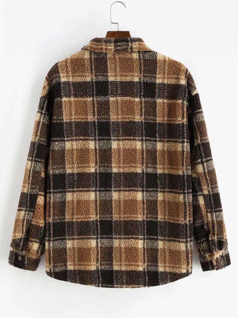Veste Pour Hommes À Carreaux Polaire Moelleuse Avec Poche Boutonnée Fausse Fourrure Sherpa Automne Hiver Streetwear Manteaux De Finition - Marron
