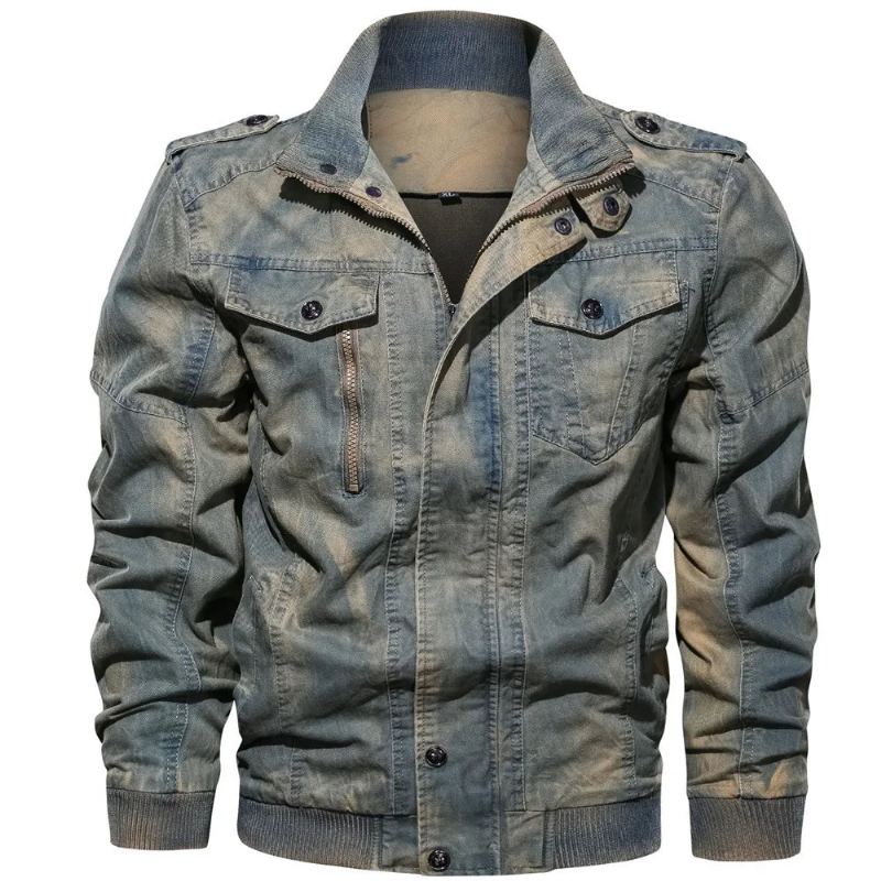 Veste En Jean Classique Vintage Automne Hiver Col Montant Lavé Armée Militaire Tactique Bomber Vestes - Bleu