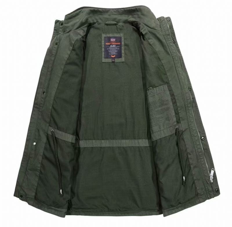 Vestes En Denim De Coton Pour Hommes Long Col Montant Manteau Décontracté Multi-poches Coupe-vent Militaire - 58171 Kaki