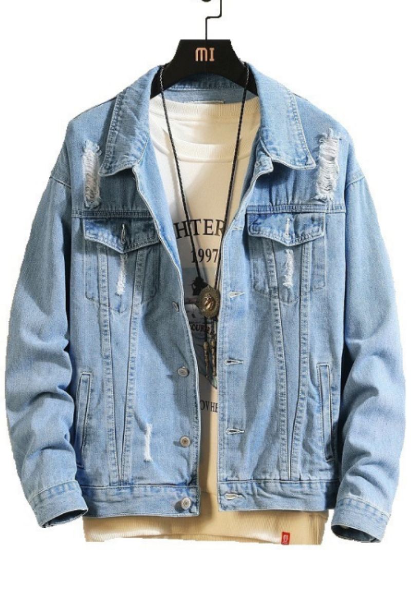 Vestes En Jean Pour Hommes Manteaux Bombardiers En Denim Déchirés À La Mode Vêtements D'extérieur Coupe-vent Cowboy