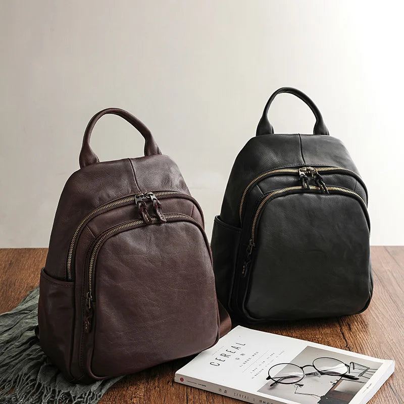 Sacs À Dos En Cuir Véritable Pour Femmes Sac À Dos De Voyage De Luxe De Styliste - Café