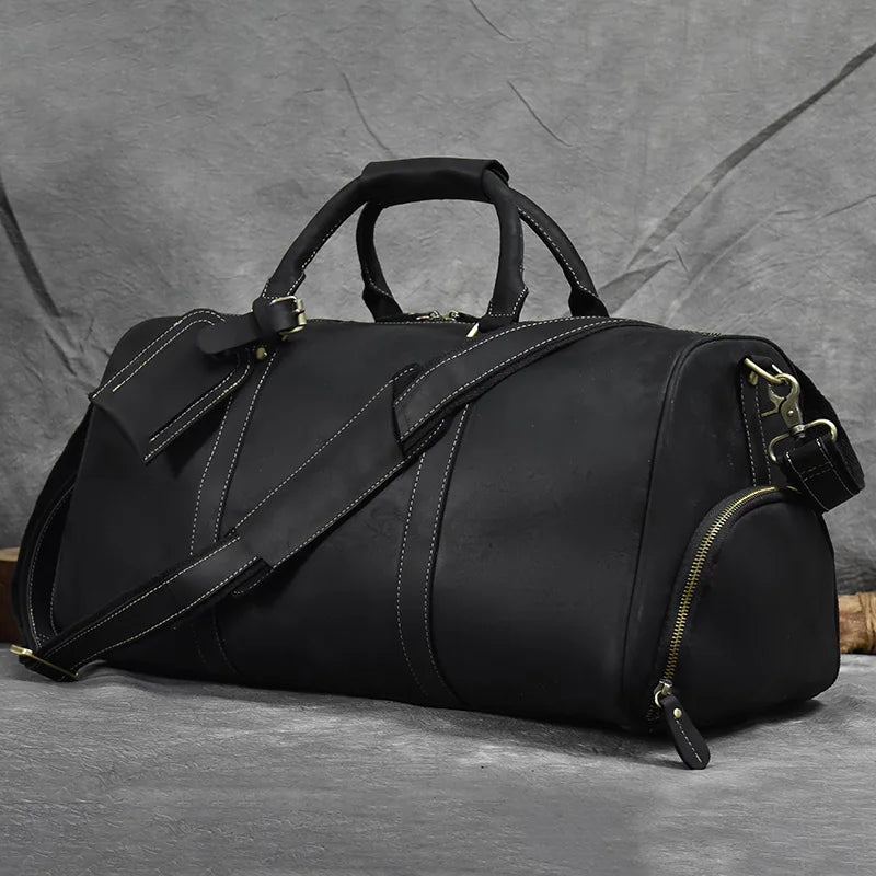 Sac À Main Vintage Pour Hommes Sac De Voyage Avec Poche À Chaussures En Cuir Véritable Sac À Bandoulière De Grande Capacité - Marron