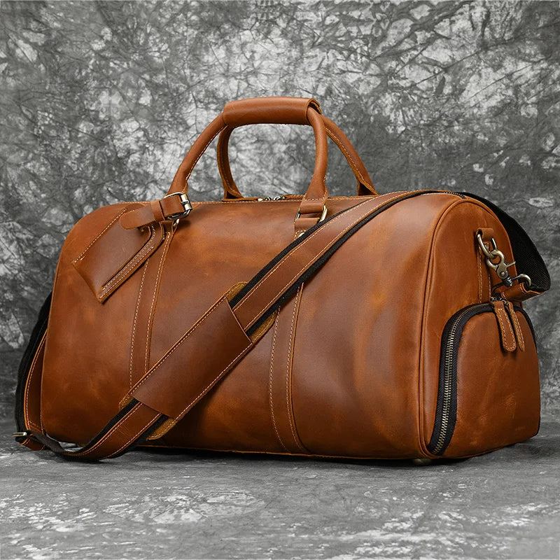 Sac À Main Vintage Pour Hommes Sac De Voyage Avec Poche À Chaussures En Cuir Véritable Sac À Bandoulière De Grande Capacité - Marron