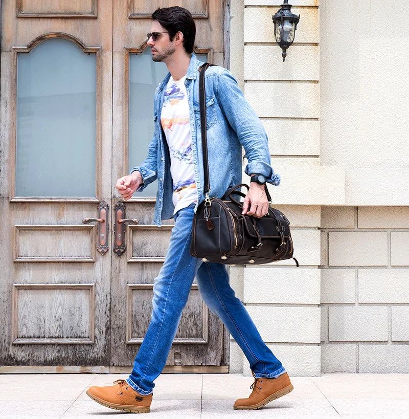 Sac De Voyage En Cuir Pour Homme Sac De Fitness En Rétro Sac À Main En Avec Compartiment À Chaussures Sac À Bagages - Café