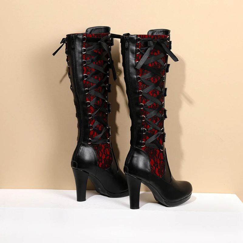Bottes Hautes En Dentelle Avec Boucle De Ceinture Pour Femme Longues En Garde Au Chaud Style Gothique Dames Matures À Plateforme Hiver - Noir