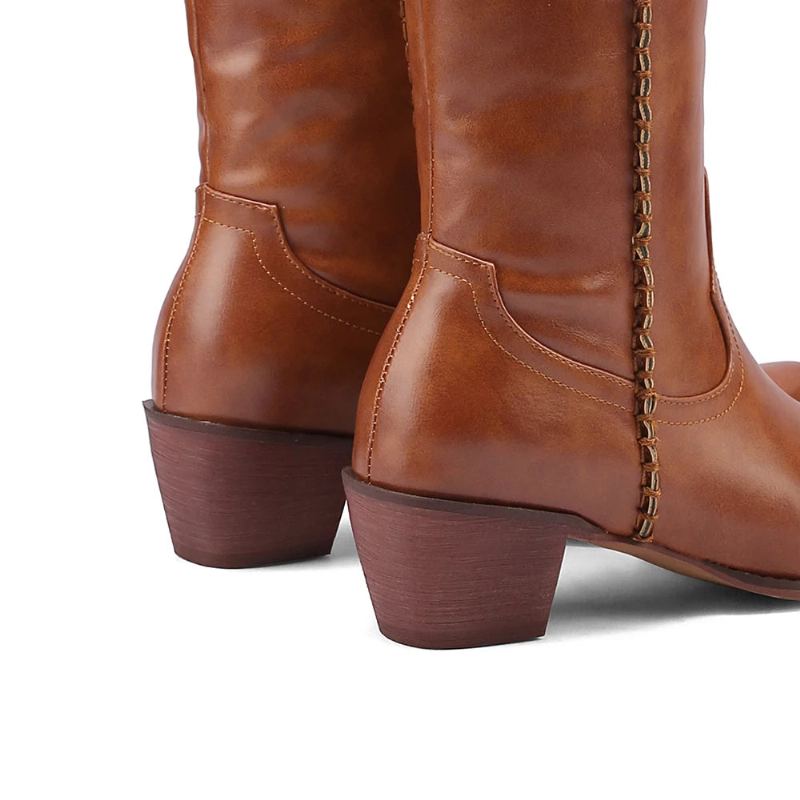 Bottes Hautes À Talons Pour Femmes Chaussures En Cuir À Bout Pointu Style Britannique Occidental Printemps-automne - Noir