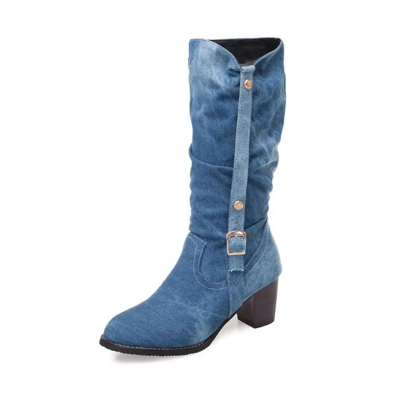 Bottes D'hiver En Denim Pour Femmes Longues Et Courtes À Talons Hauts En Jean Élégantes Avec Sangle À Boucle - Bleu
