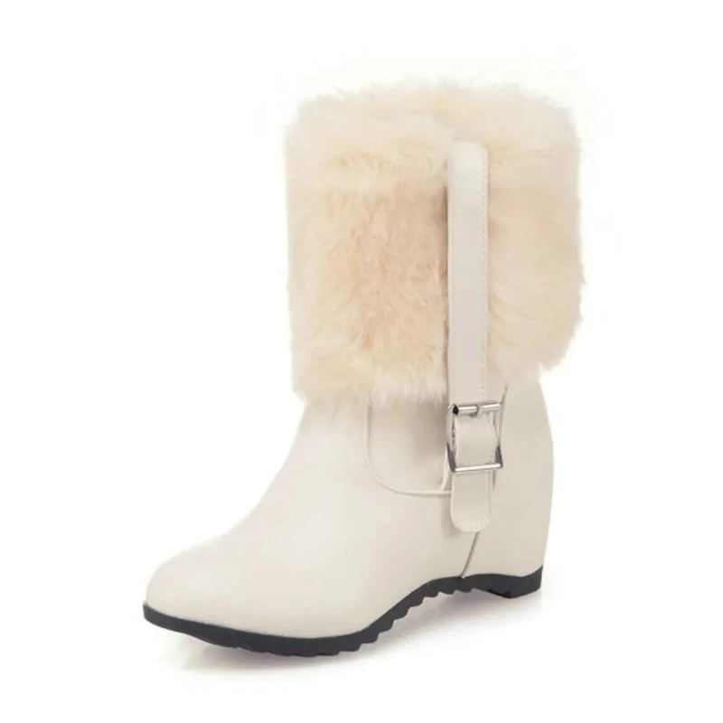 Bottes De Neige En Peluche Pour Femmes Avec Boucle De Ceinture Talon Épais Chaussures À Plateforme Tendance Augmenter La Hauteur Hiver - Beige