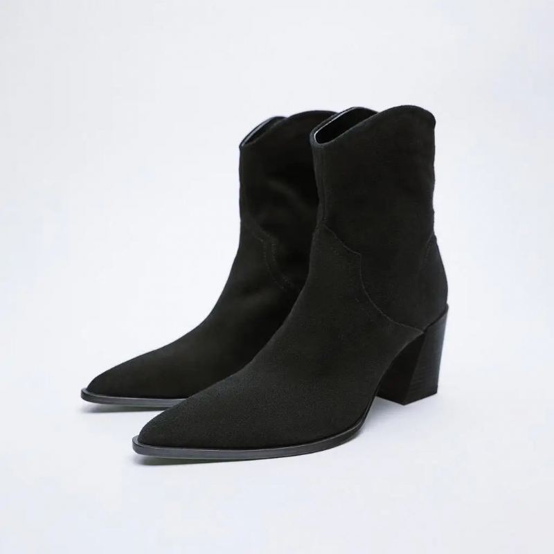 Bottines En Daim Et Cuir Noir Pour Femmes Chaussures À Talons Hauts Féminines - Noir