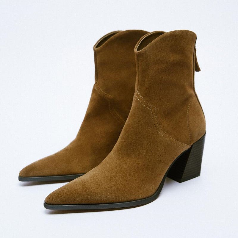 Bottines En Daim Et Cuir Noir Pour Femmes Chaussures À Talons Hauts Féminines - Noir