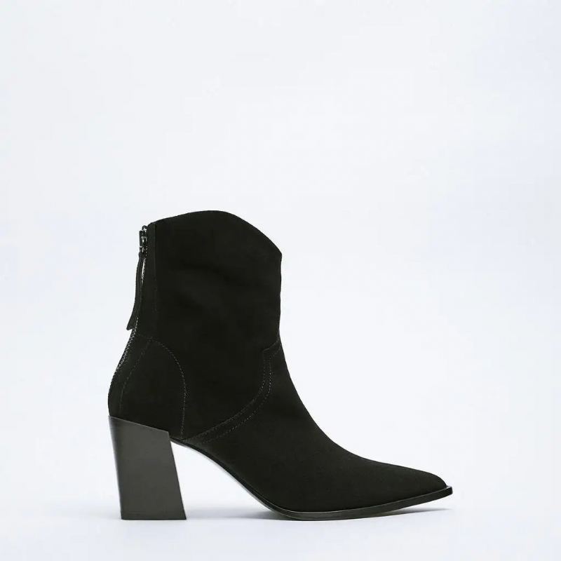 Bottines En Daim Et Cuir Noir Pour Femmes Chaussures À Talons Hauts Féminines - Noir