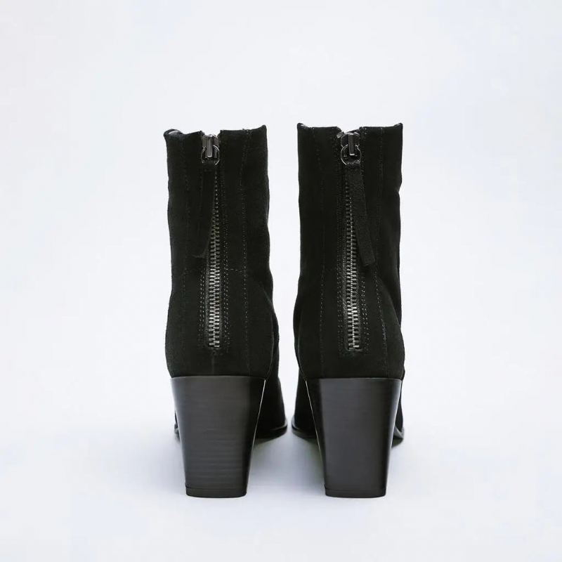 Bottines En Daim Et Cuir Noir Pour Femmes Chaussures À Talons Hauts Féminines - Noir