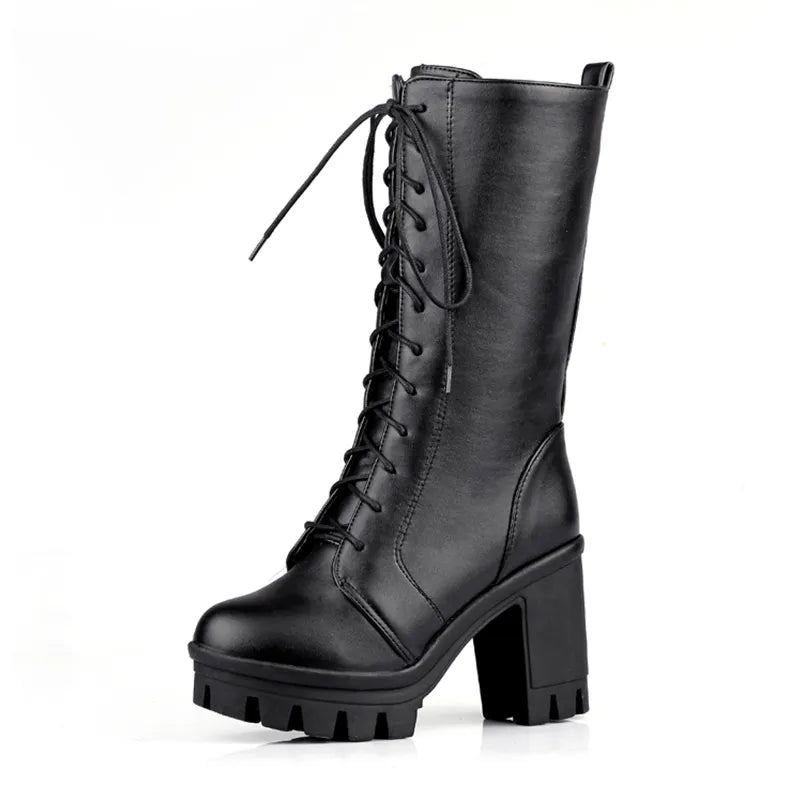 Printemps Automne Laçage Mi-mollet Bottes Femmes Talons Carrés Femme Moto Botte - Noir