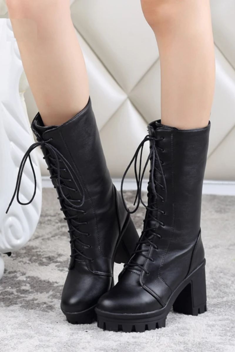 Printemps Automne Laçage Mi-mollet Bottes Femmes Talons Carrés Femme Moto Botte - Noir