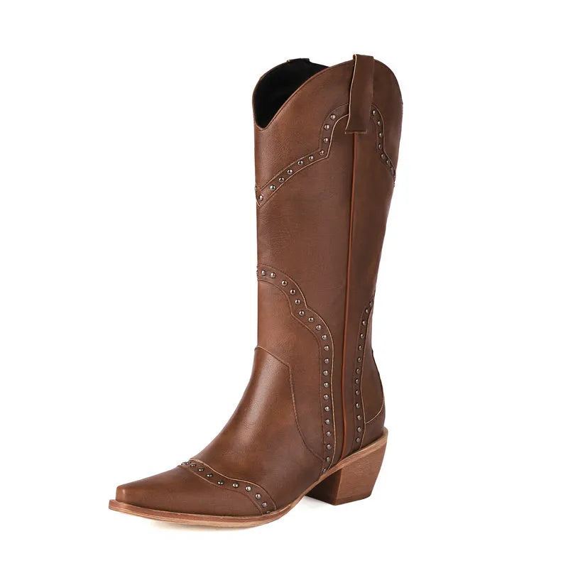 Rivet Femmes Bottes Occidentales Automne Cuir Compensées Genou Hautes Hiver Cowboy Fille - Beige