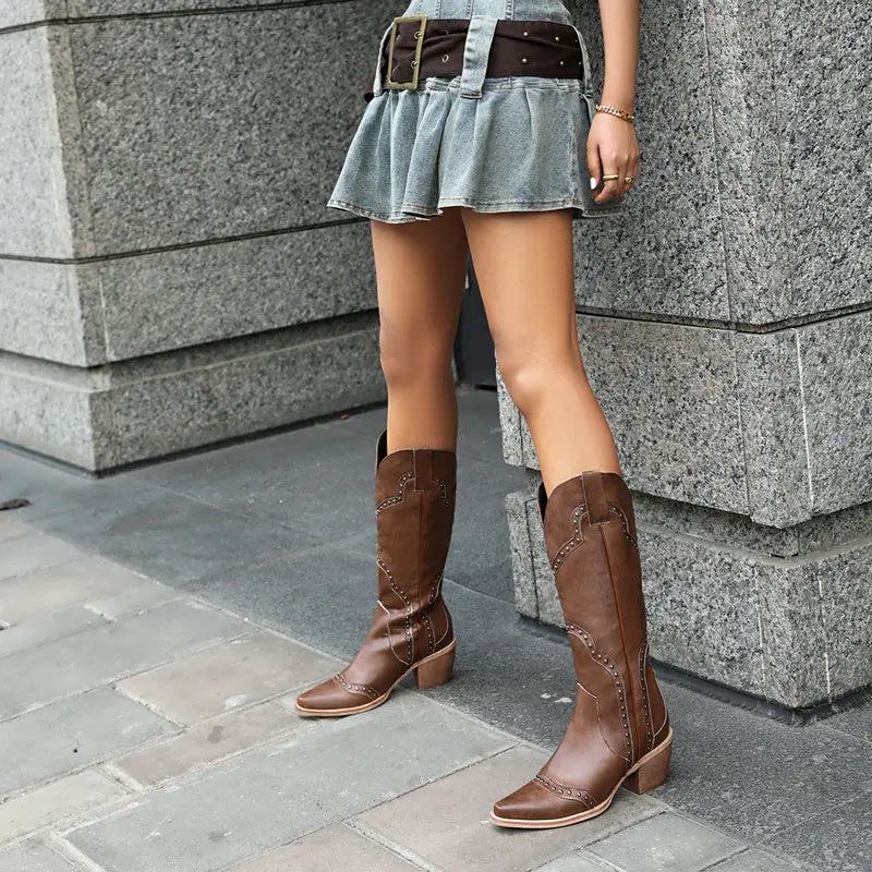 Rivet Femmes Bottes Occidentales Automne Cuir Compensées Genou Hautes Hiver Cowboy Fille - Beige