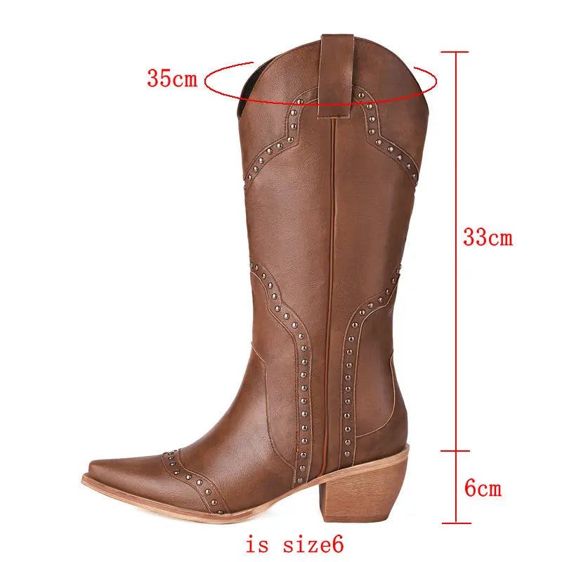 Rivet Femmes Bottes Occidentales Automne Cuir Compensées Genou Hautes Hiver Cowboy Fille - Beige