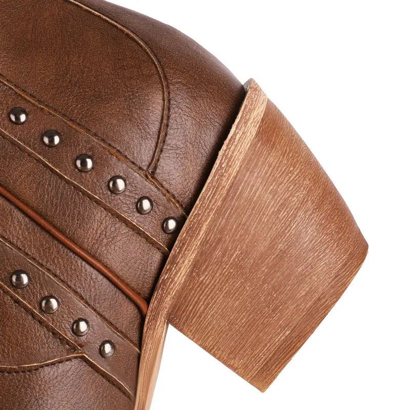 Rivet Femmes Bottes Occidentales Automne Cuir Compensées Genou Hautes Hiver Cowboy Fille - Beige