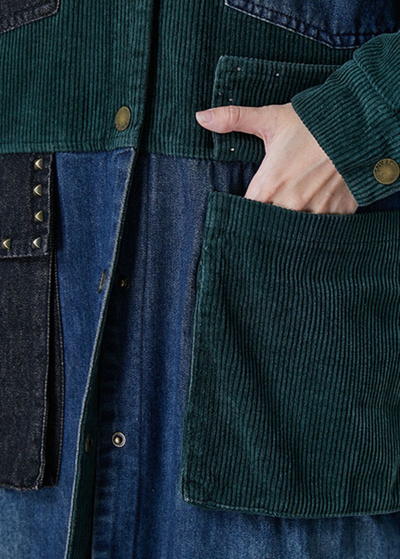 Art Noirâtre Vert Rivet Patchwork Velours Côtelé Fin Coton Rempli Manteau Hiver - Trenchs femmes