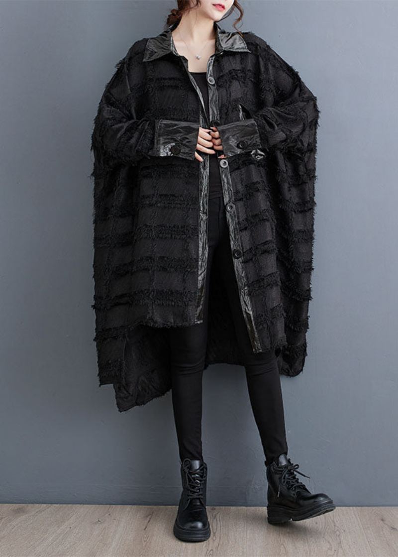 Belles Poches Asymétriques Noires Patchwork Bouton Trench Manteaux Automne