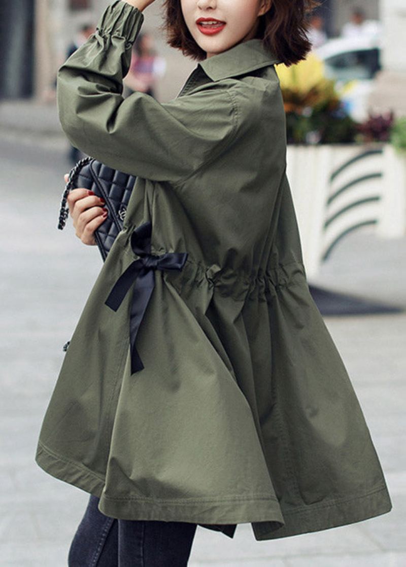 Bohème Armée Vert Col Claudine Fermeture Éclair Cordon Coton Longs Trench Manteaux Printemps