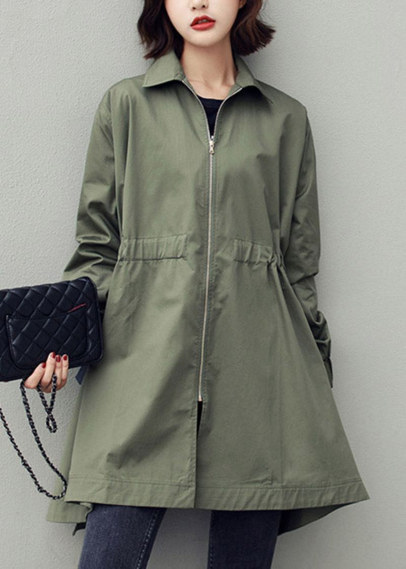 Bohème Armée Vert Col Claudine Fermeture Éclair Cordon Coton Longs Trench Manteaux Printemps - Trenchs femmes