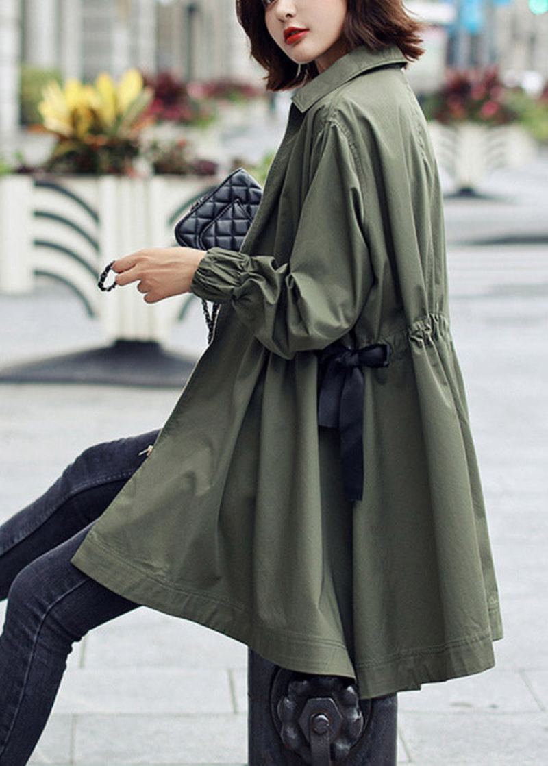 Bohème Armée Vert Col Claudine Fermeture Éclair Cordon Coton Longs Trench Manteaux Printemps - Trenchs femmes