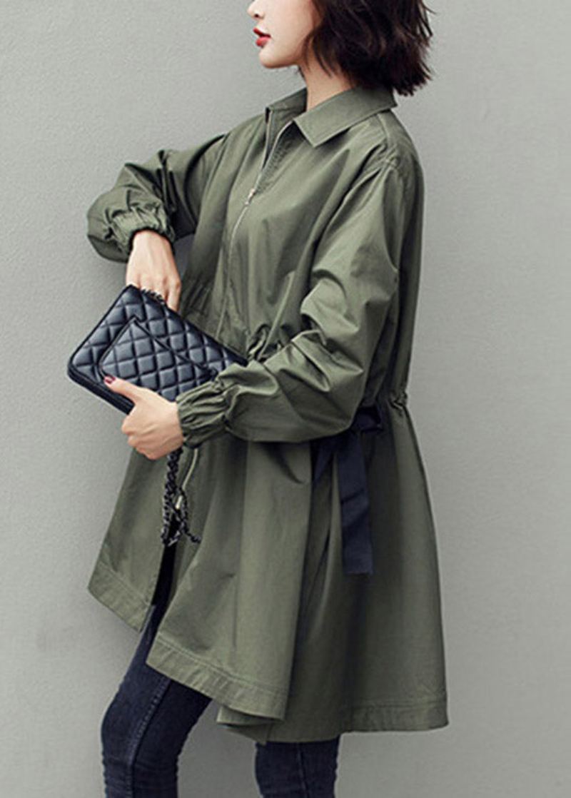 Bohème Armée Vert Col Claudine Fermeture Éclair Cordon Coton Longs Trench Manteaux Printemps - Trenchs femmes