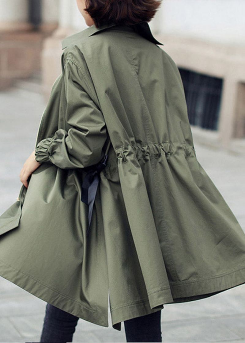 Bohème Armée Vert Col Claudine Fermeture Éclair Cordon Coton Longs Trench Manteaux Printemps - Trenchs femmes