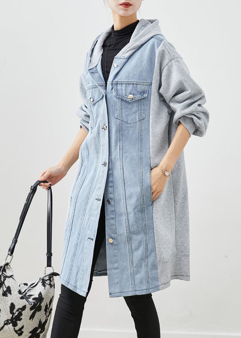 Boho Bleu À Capuche Denim Patchwork Coton Trench Automne - Trenchs femmes