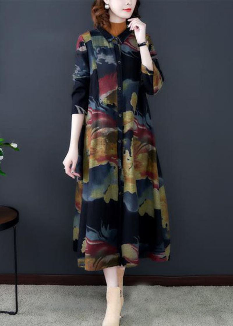Boho Noir Col Rabattu Imprimé Coton Longs Trench Manteaux À Manches Longues - Trenchs femmes