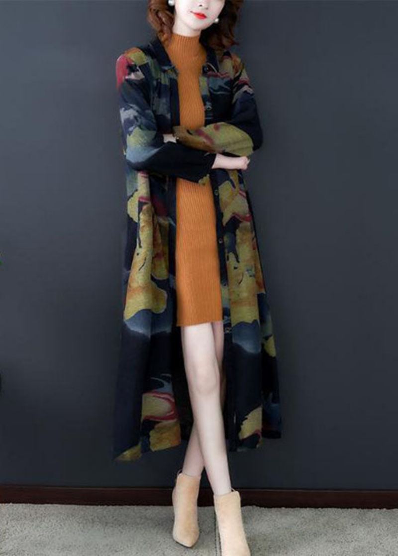 Boho Noir Col Rabattu Imprimé Coton Longs Trench Manteaux À Manches Longues - Trenchs femmes