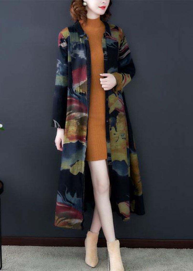 Boho Noir Col Rabattu Imprimé Coton Longs Trench Manteaux À Manches Longues - Trenchs femmes