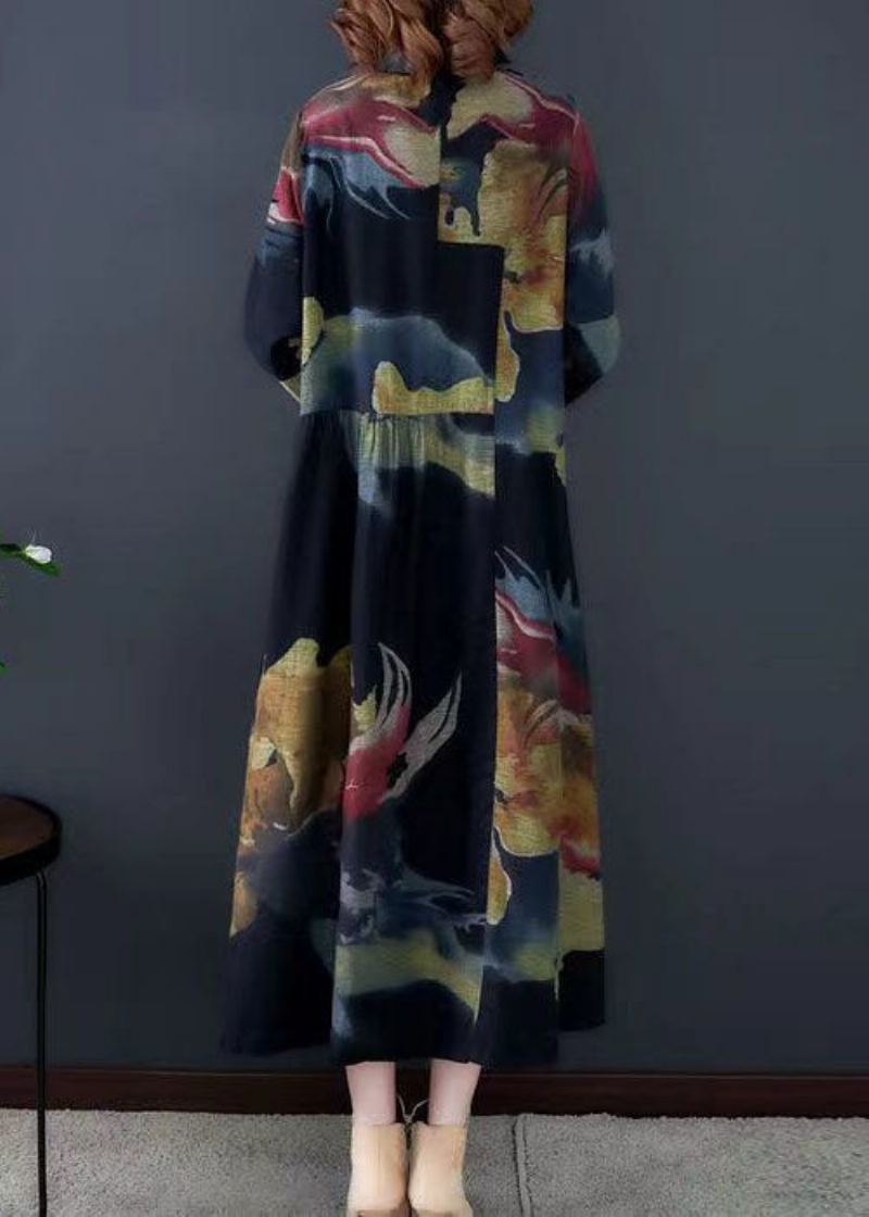 Boho Noir Col Rabattu Imprimé Coton Longs Trench Manteaux À Manches Longues - Trenchs femmes