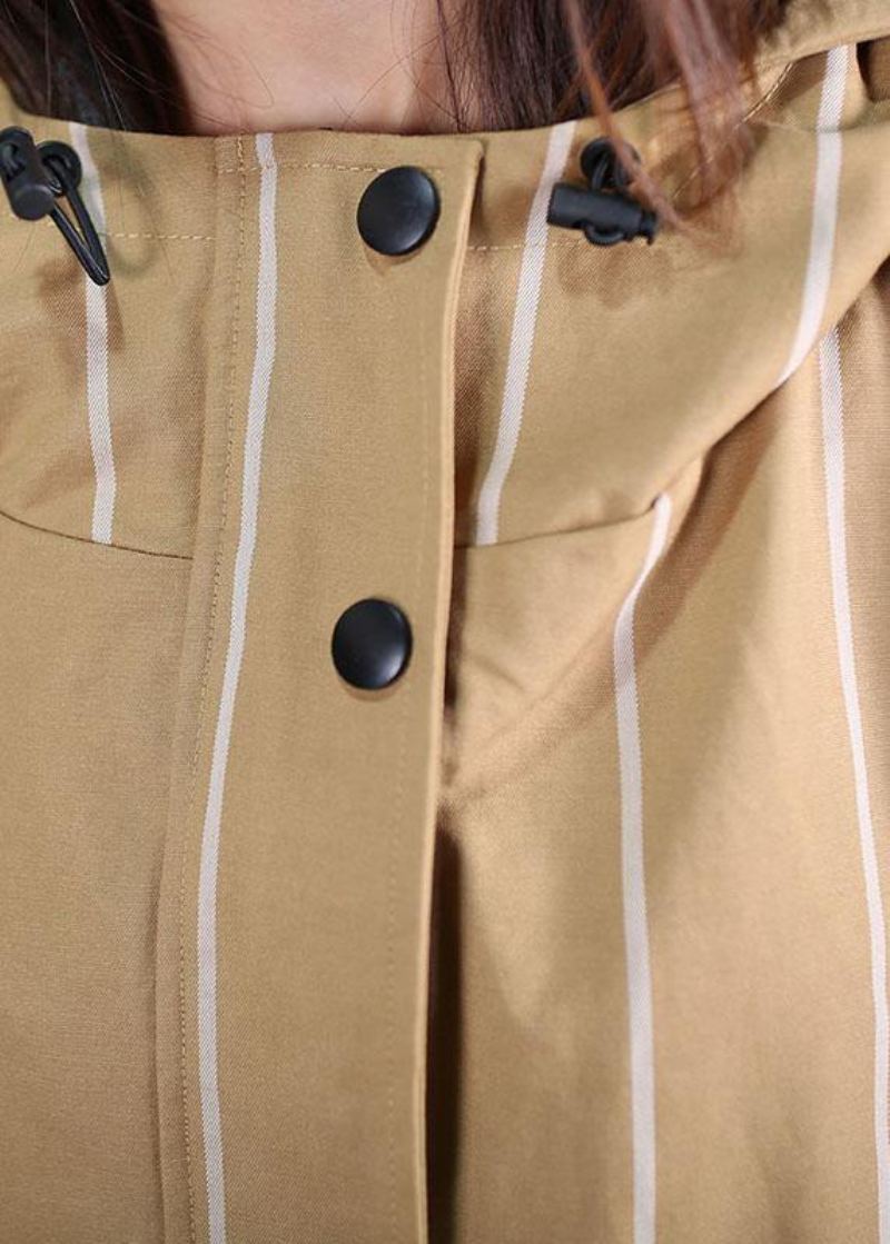Boutique Femmes Manteaux Décontractés Automne Kaki Rayé À Capuche Pardessus Zippé - Trenchs femmes