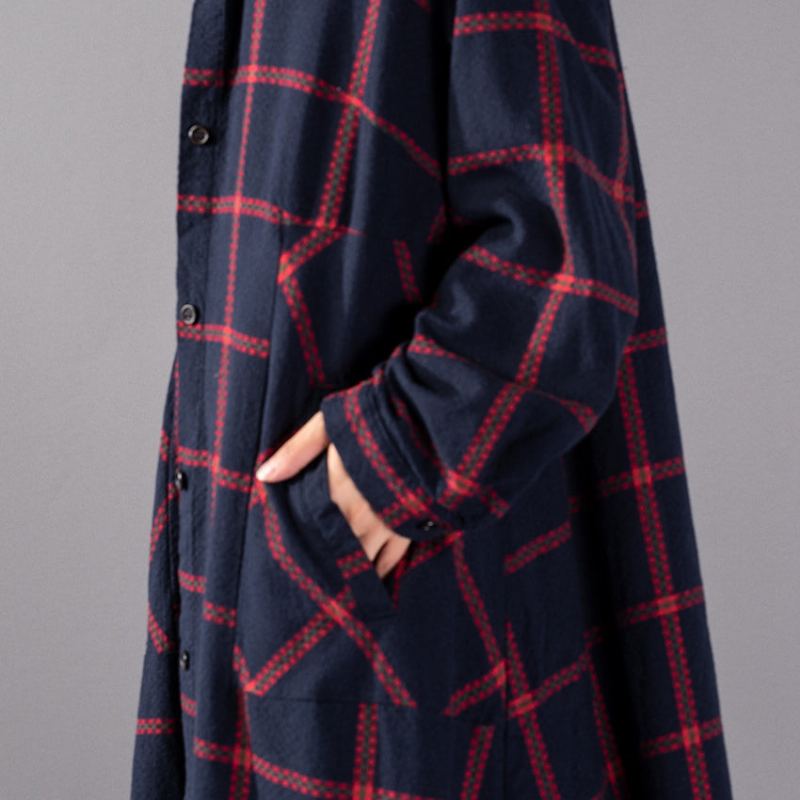 Boutique Manteau À Carreaux Rouge Vêtements Grande Taille Manteaux À Col Montant À Poches - Noir