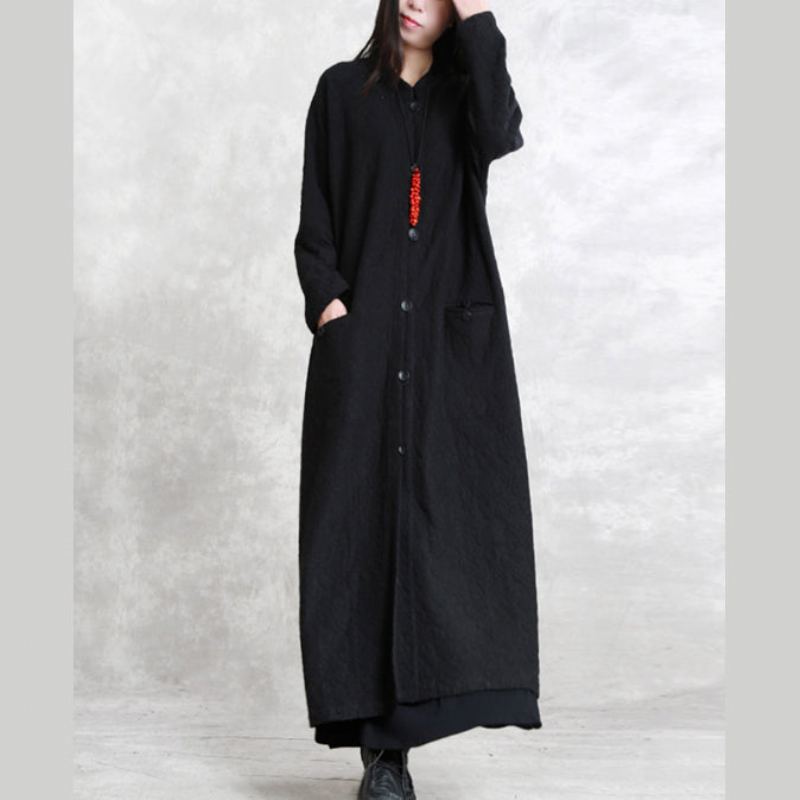 Boutique Manteau Noir Grande Taille Poches Debout Maxi Manches Longues Manteaux Baggy - Trenchs femmes