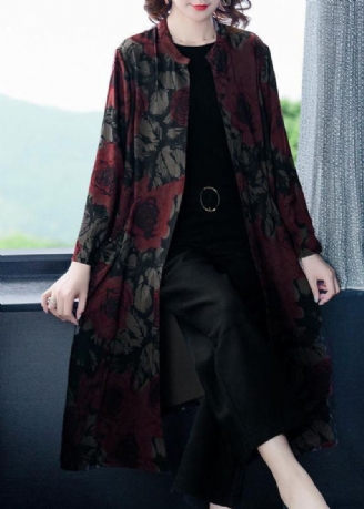 Boutique Rouge Col Montant Imprimé Manteau En Soie Vêtements D'extérieur À Manches Longues