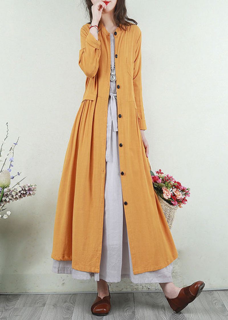 Chic Herbe Vert Col En V Bouton Long Lin Trench Manteaux Printemps - Vert Herbe