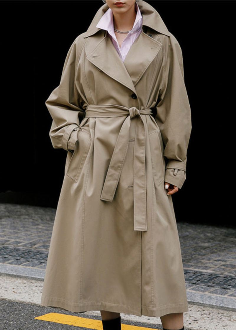 Élégant Kaki Col Claudine Cravate Taille Bouton Poches Coton Trench Manteaux À Manches Longues - Trenchs femmes