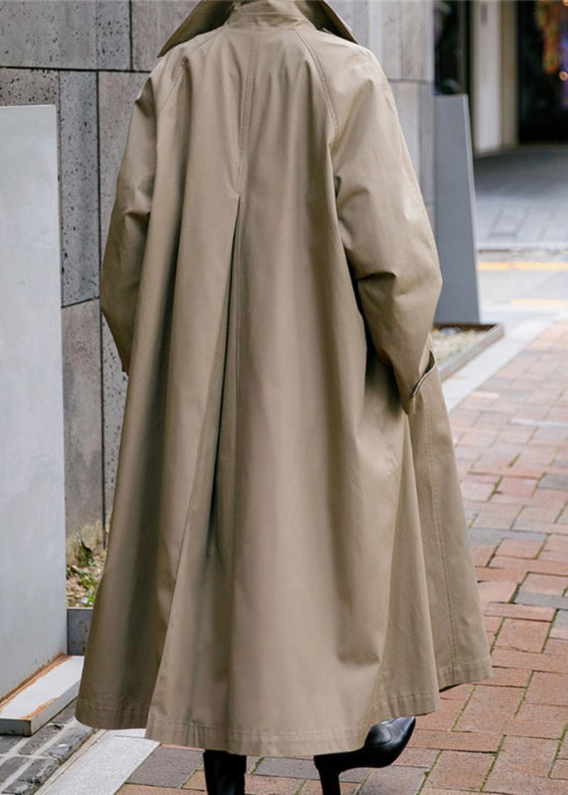 Élégant Kaki Col Claudine Cravate Taille Bouton Poches Coton Trench Manteaux À Manches Longues - Trenchs femmes