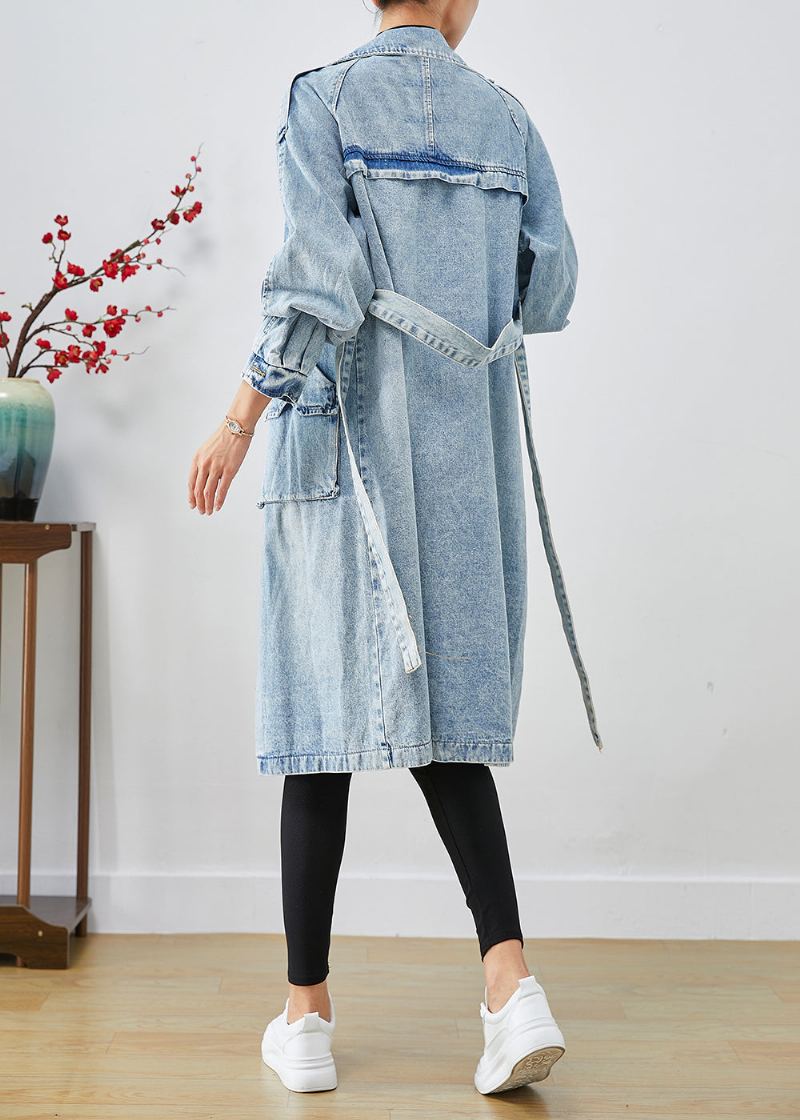 Femmes Bleu Clair Revers Patchwork Denim Trench Manteaux Automne - Trenchs femmes