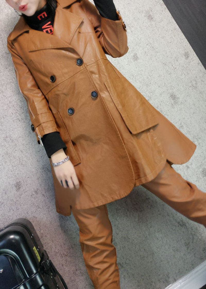 Femmes Kaki Col Claudine Poches Patchwork Faux Cuir Trench Automne - Trenchs femmes
